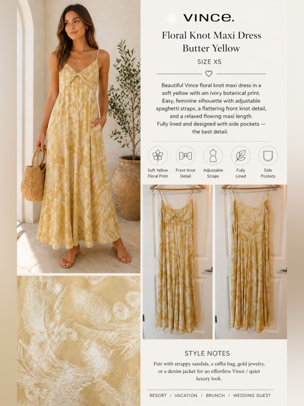 Vince Yellow White Floral Twist Front Maxi Dress.
Adjustable Straps, Lined | XS